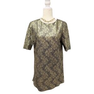 St. John Lace Tunic Dress Women S Gold Black Metallic Floral Short Sleeve Silk